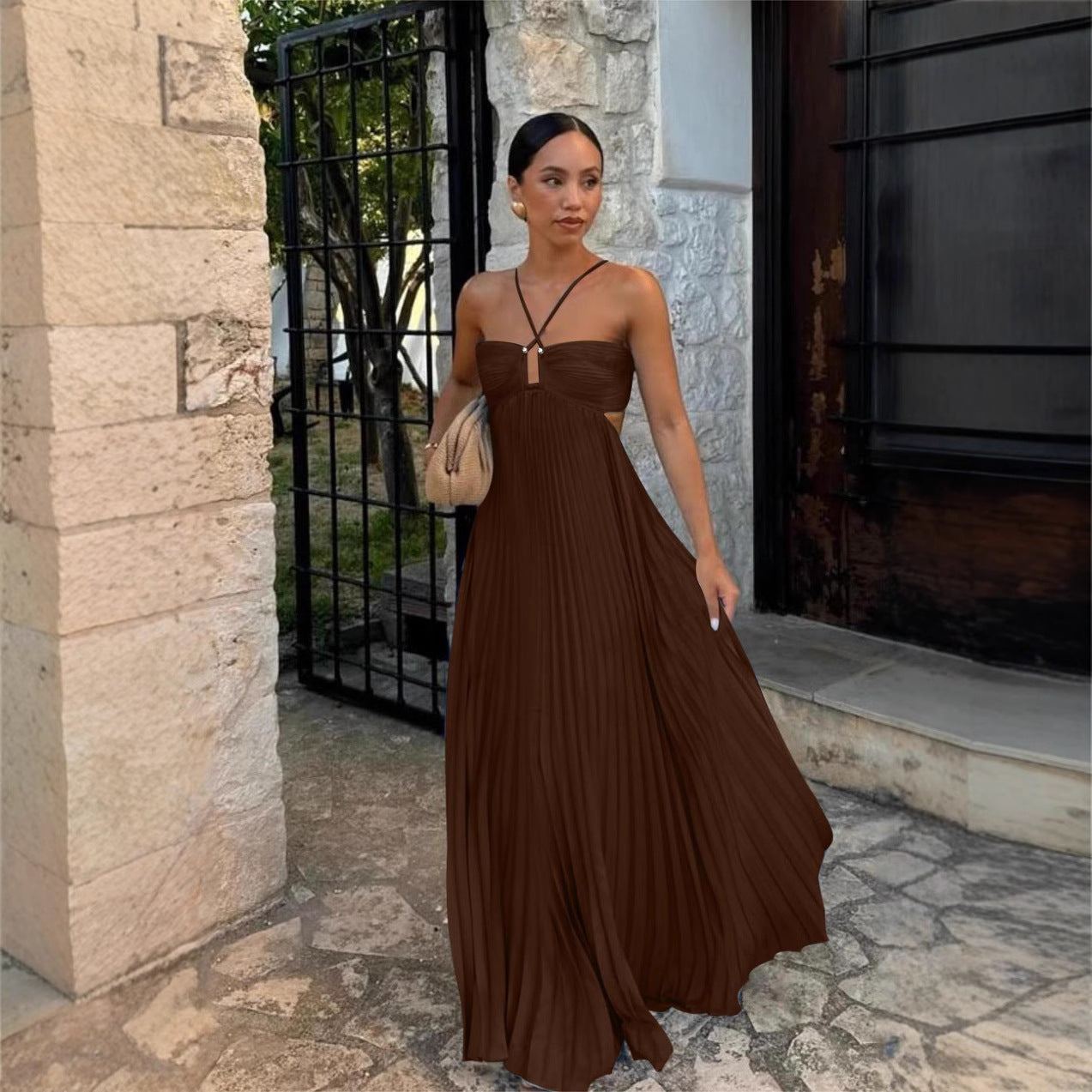 Pure Color Tube-Top Pleated Sleeveless Sling Dress
