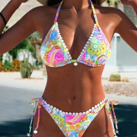 Women's Printed Split Bikini Swimsuit with Tether | Stylish and Unique Design