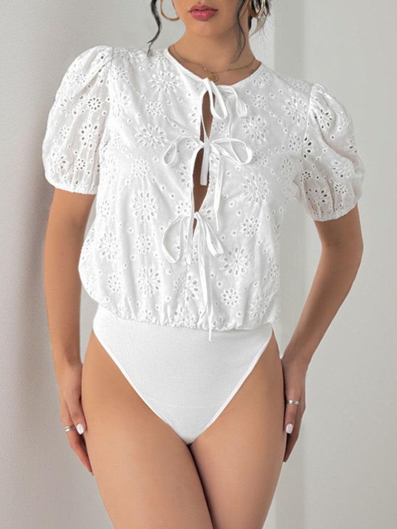 Perfee Tied Eyelet Short Sleeve Bodysuit-3