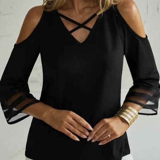 Ladies' Solid Color Off Shoulder T-Shirt with Collar Cross Design – Casual & Stylish