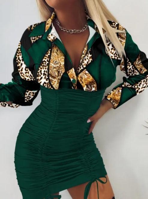 Emerald Ruched Shirt Dress
