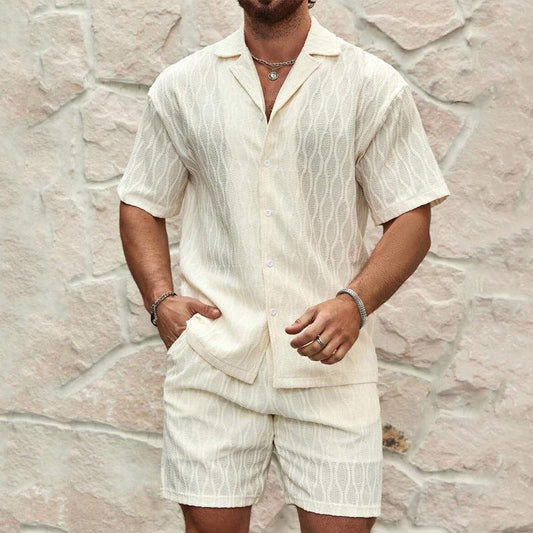 Men's Summer Tracksuits | Solid Color Two-Piece Casual Outfit with Lapel Button Shirt & Shorts