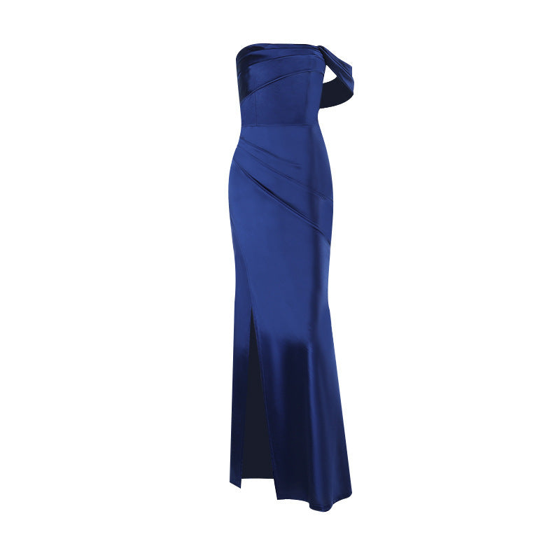 Satin Off-Shoulder Gown with Slit