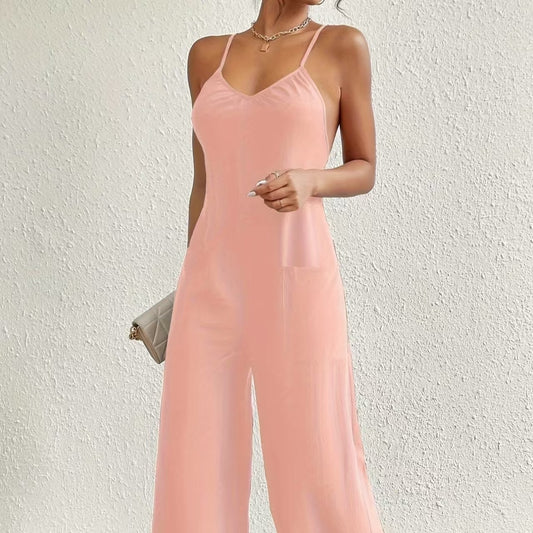 Ladies' Solid Color Chest Pleated Cross Suspender Sexy Jumpsuit