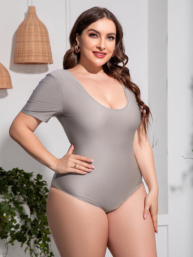 Plus Size Scoop Neck Short Sleeve One-Piece Swimsuit-7