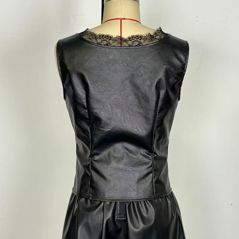 Faux Leather Lace Trim Vest