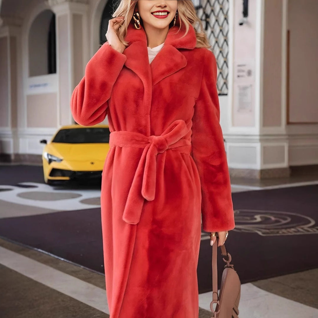 Chic Plush Lace-Up Long Coat