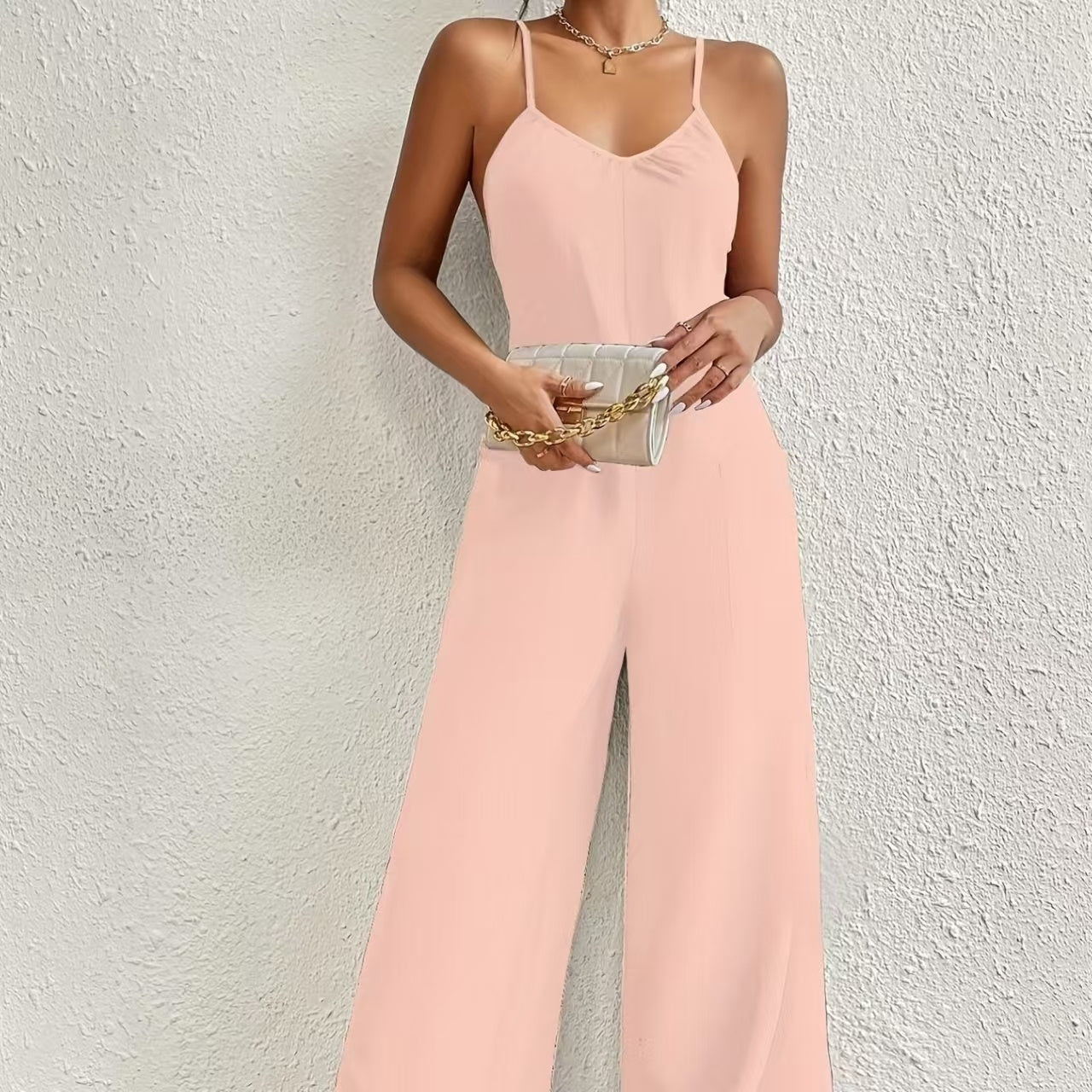Ladies' Solid Color Chest Pleated Cross Suspender Sexy Jumpsuit