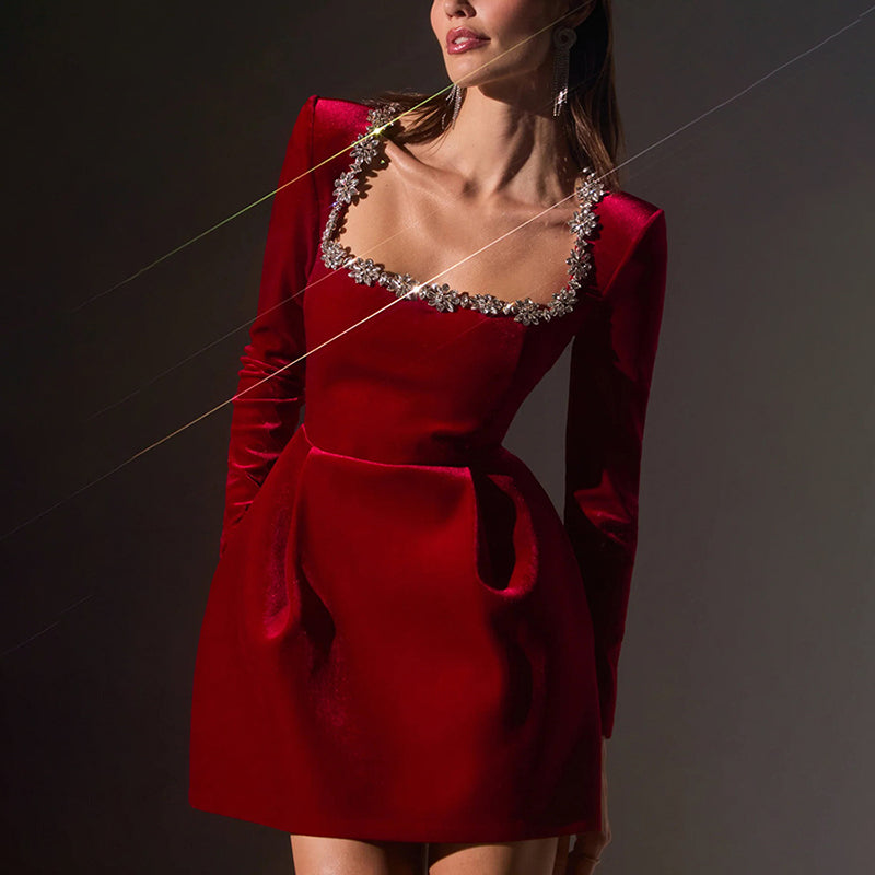 Velvet Rhinestone Mini Dress