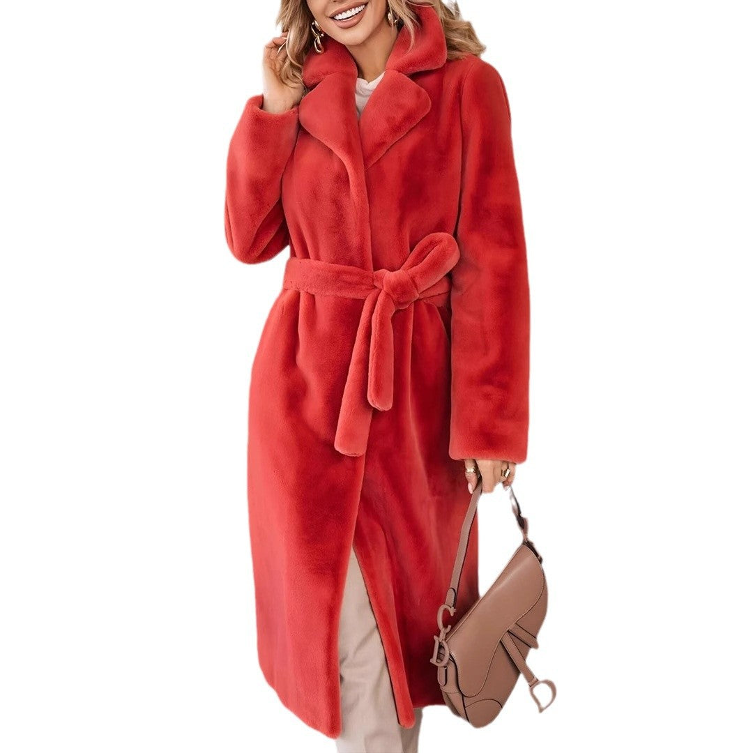 Chic Plush Lace-Up Long Coat