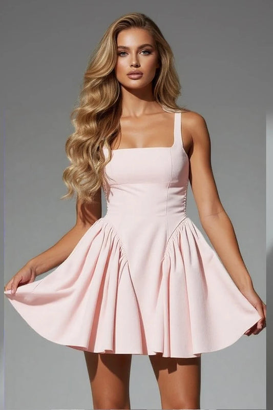 Elegant pink mini dress with square neckline and flared skirt for women