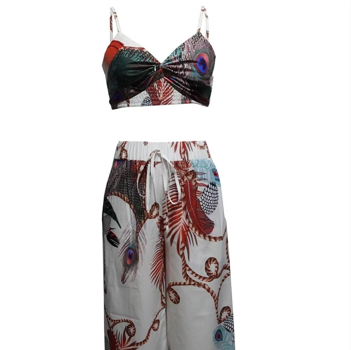 Women's Feather Printed Black Strap Pants Set | Sexy Vacation Outfit