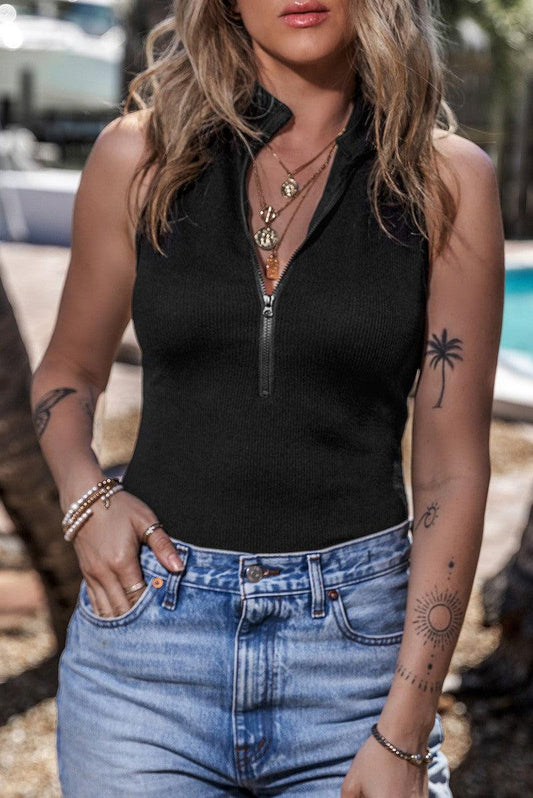 Zip Up Mock Neck Sleeveless Bodysuit-Black-1