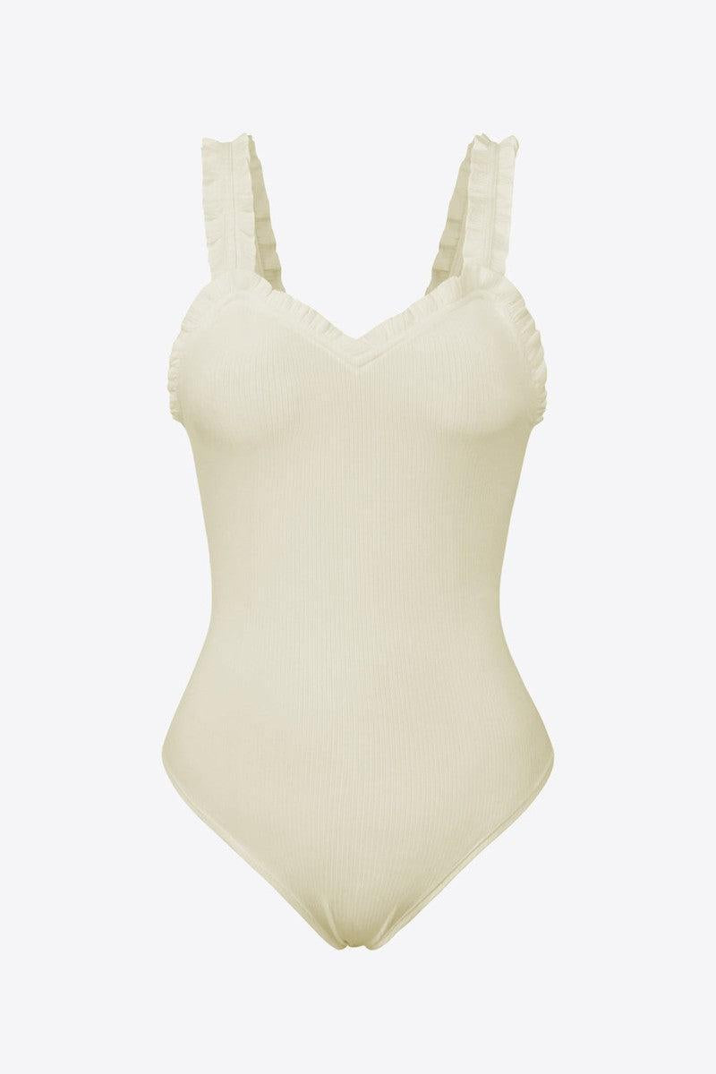 Ribbed Ruffle Trim Sleeveless Bodysuit-Sage-1