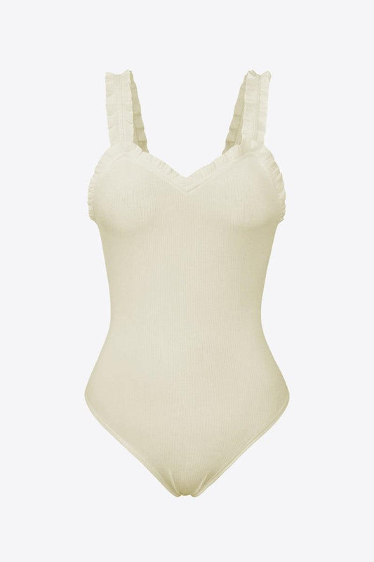 Ribbed Ruffle Trim Sleeveless Bodysuit-Sage-1