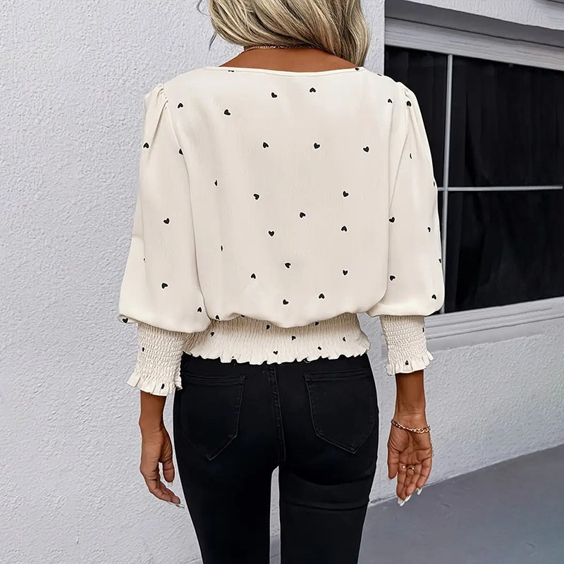 Heart Print Smocked Blouse