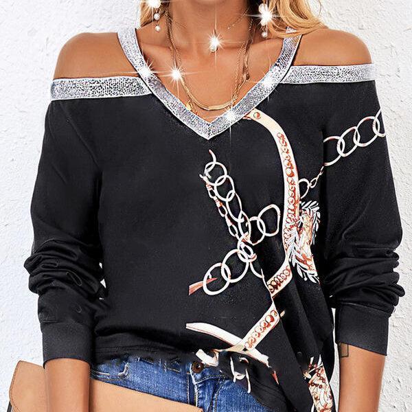 Women's Chain Printed Sequin Cold Shoulder Sweatshirt | Long Sleeve Exposed Shoulder Top