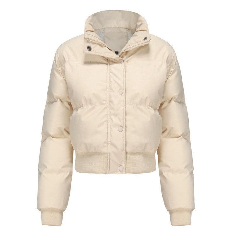 Women's Short Long Sleeve High Collar Warm Coat-Khaki-5