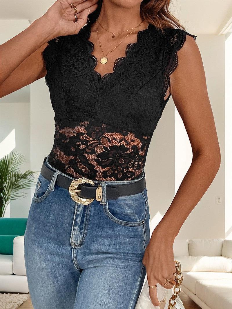 Perfee V-Neck Lace Bodysuit-5