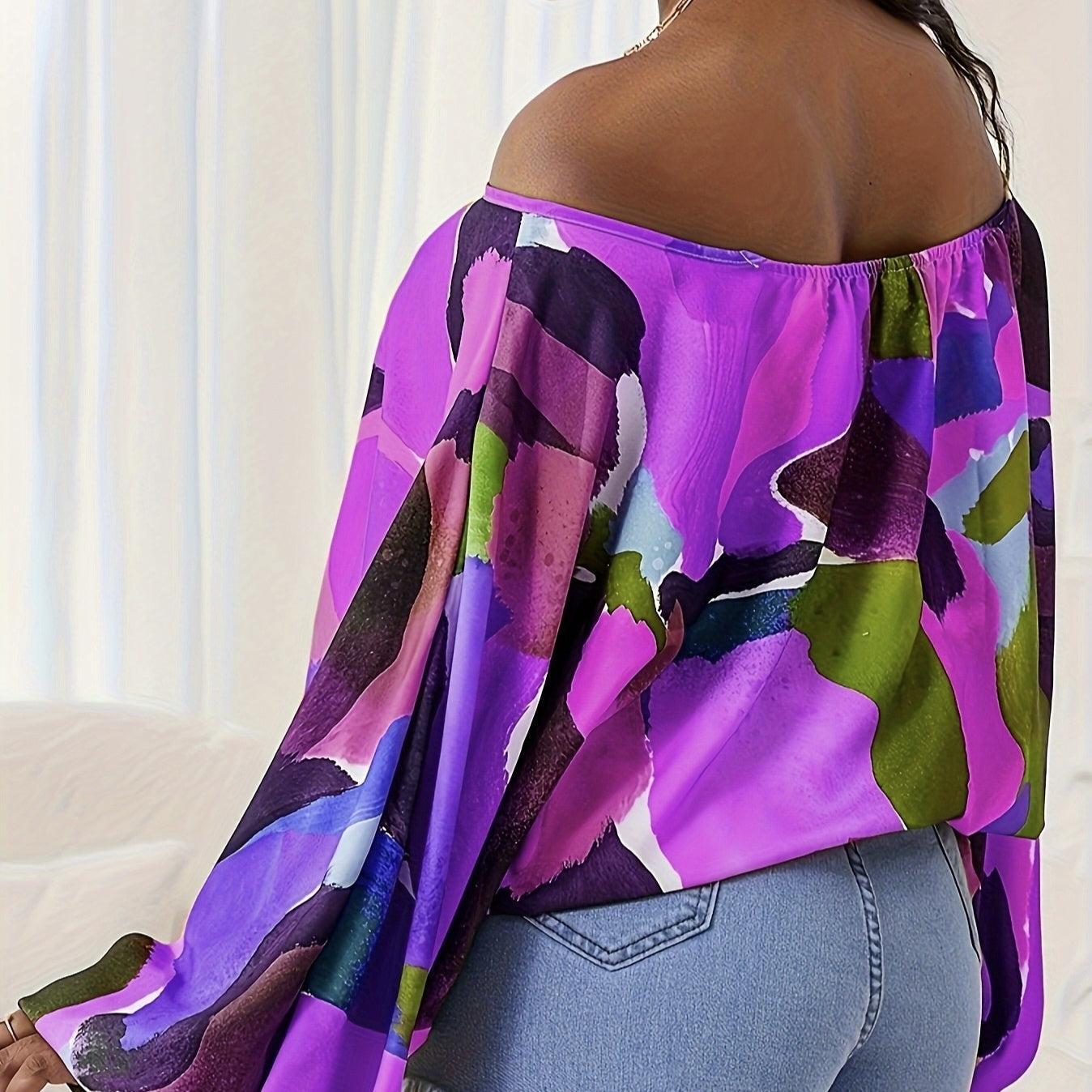 Ladies' Off-Shoulder Printed Lantern Sleeve T-Shirt – Casual & Stylish