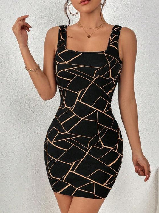 Woman wearing a fitted black mini dress with abstract tan geometric lines and a square neckline, posing confidently against a white wall.

