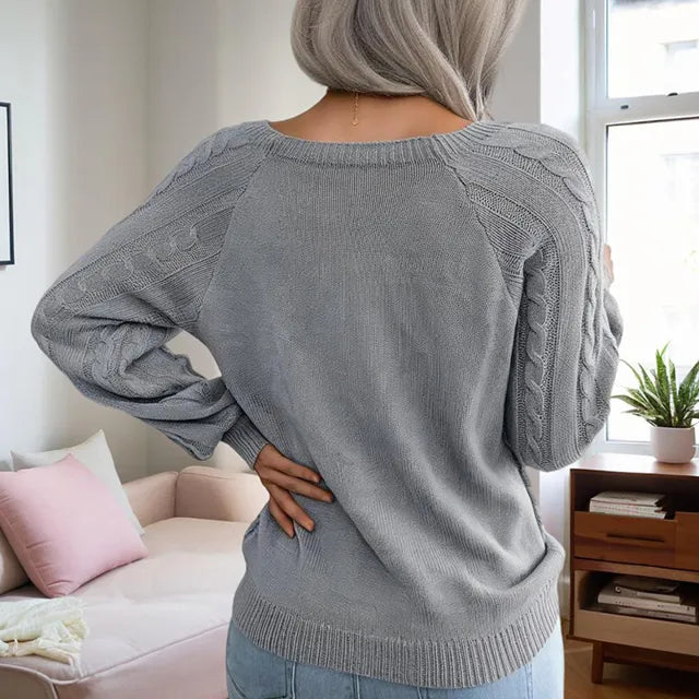 Women’s grey cable-knit sweater with button accents – warm casual pullover
