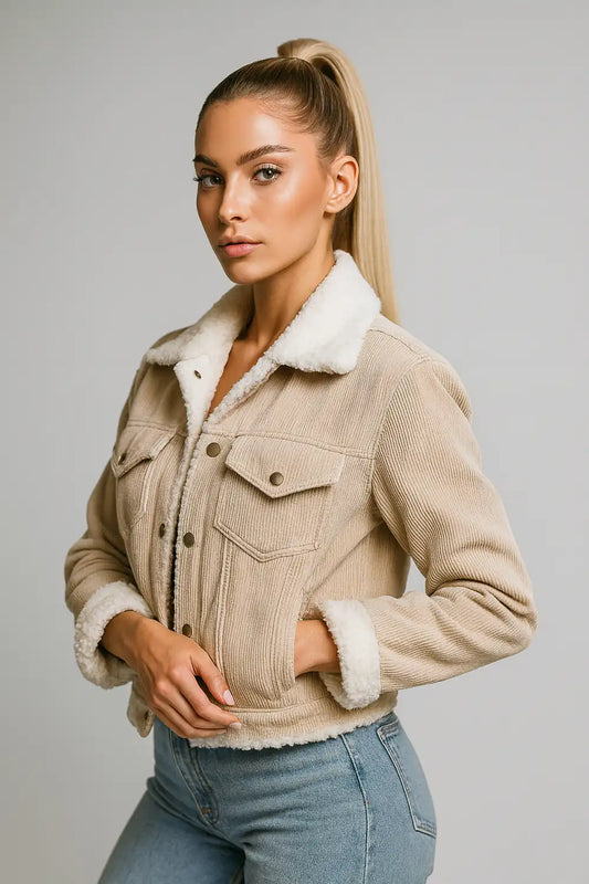 Women's beige corduroy jacket with faux shearling lining – cozy casual outerwear