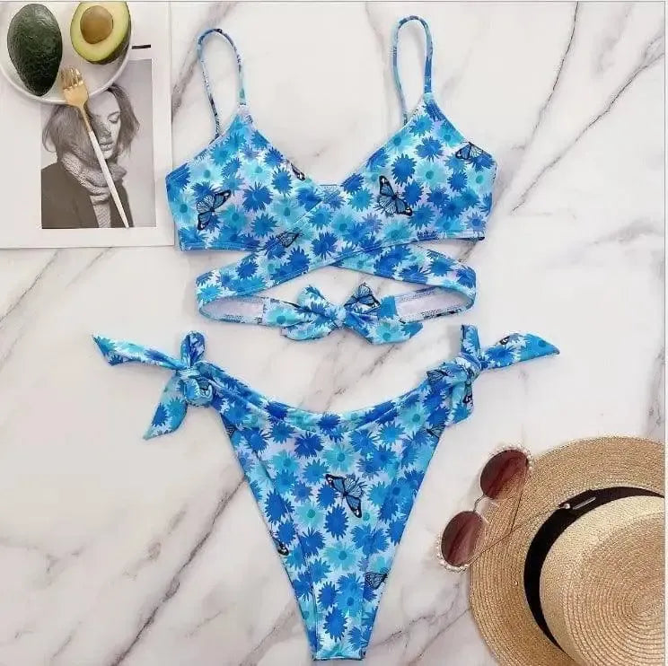 Ladies Fashion European And American Back Bikini Swimsuit-Blue-2