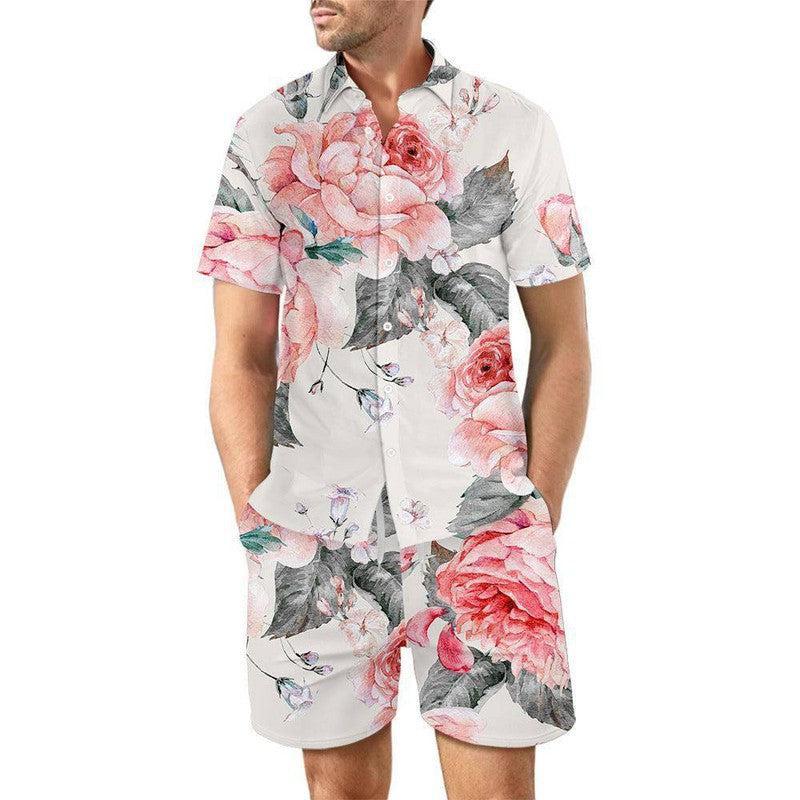 2Pcs Printed Beach Shirt Summer Suit Loose Lapel Button Top DCS07DXCS7 / 3XL-DCS07DXCS1-3