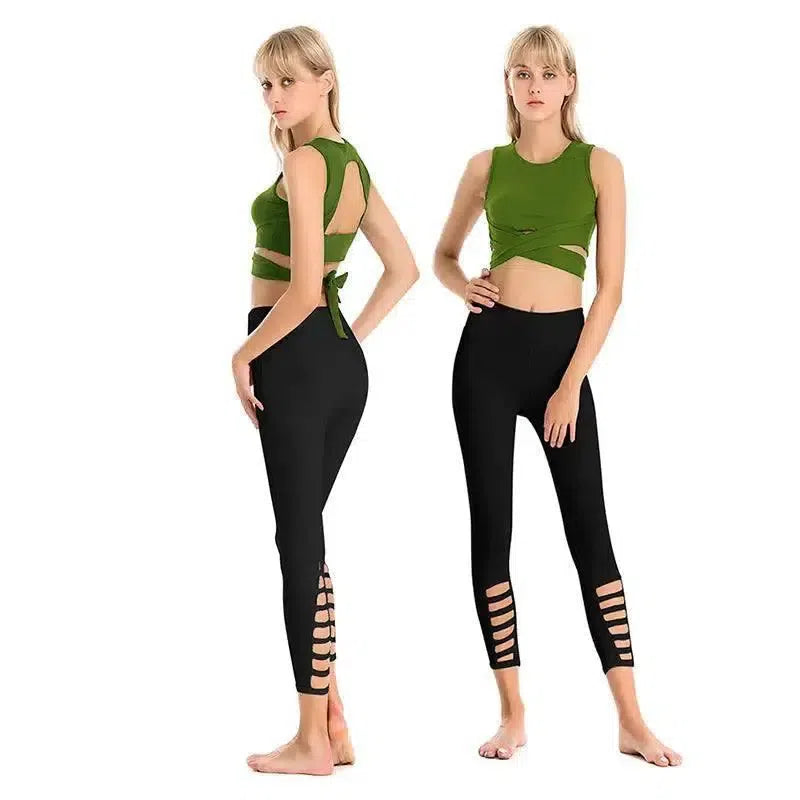 Bandage Yoga Suit-Army Green Black-4