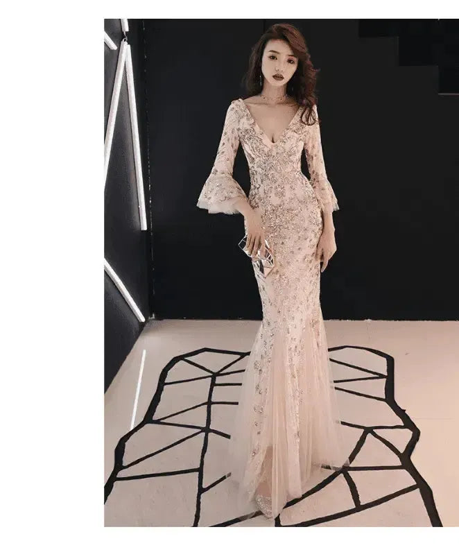Banquet evening dress princess slim dress-Apricot-4