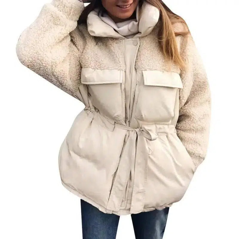 Belt stitching thick warm jacket fashion all-match casual-Beige-1