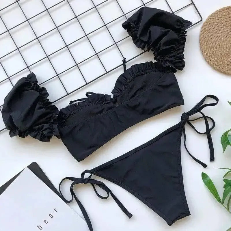 Bikini One-shoulder Puff Sleeve Strappy Swimsuit-Black-6