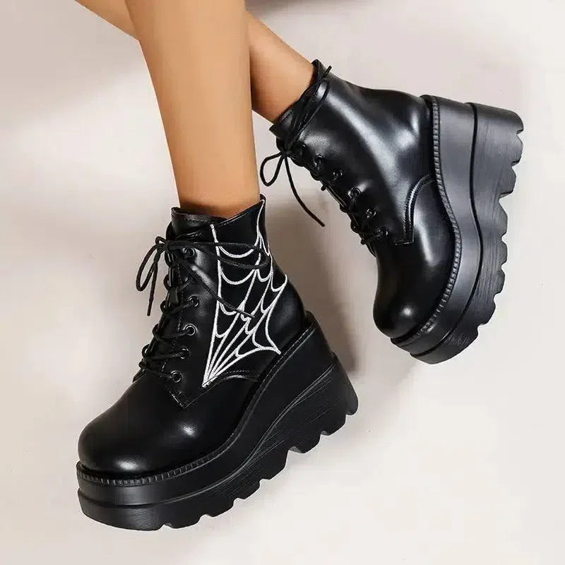 Black Martin Boots Fashion Spider Web Print Shoes Chunky-2
