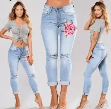 Blue low waist pencil Ripped embroidery jeans woman Stretch-2