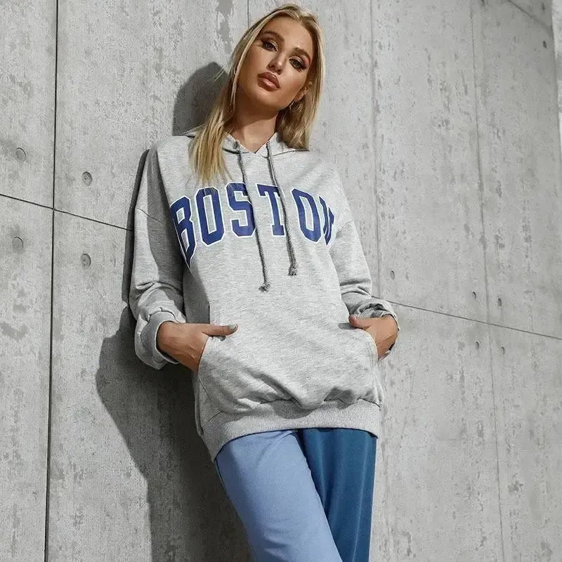 Casual Hooded Trendy Letter Sweater-Grey-2