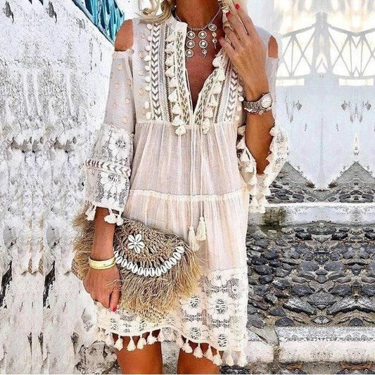 Chic Long Fringe Dress for Every Occasion-White-1