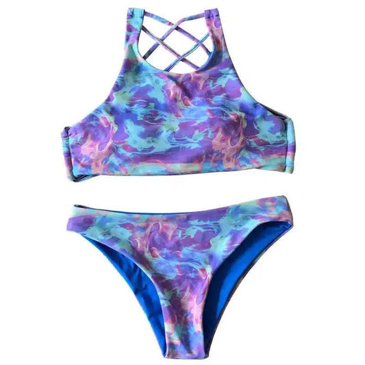 Color printing triangle split bikini color printing-Blue-1