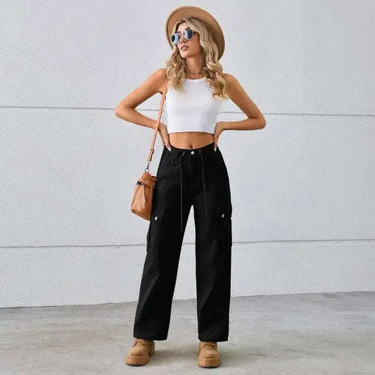 Denim Drawstring Adjustable Washed Overalls Casual Women-Black-1