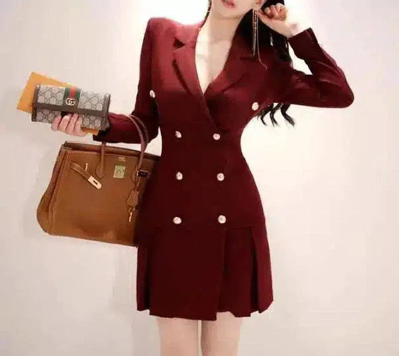 Double-Breasted Peplum Dress with Pockets-1