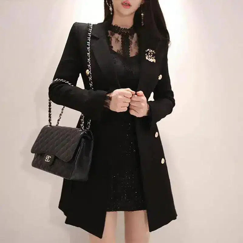 Double-Breasted Peplum Dress with Pockets-Black-3
