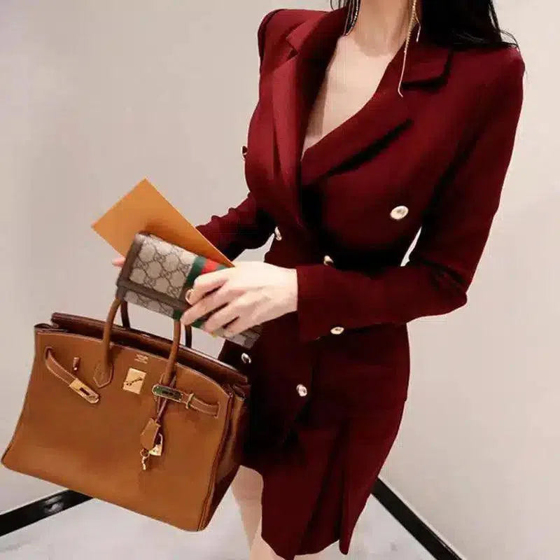 Double-Breasted Peplum Dress with Pockets-Wine red-2