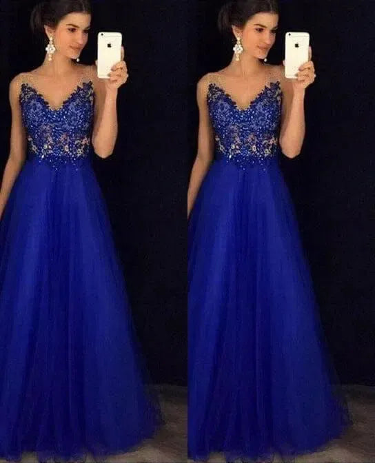 Dress Backless Beaded Ball Elegant Long Dress Blue Chiffon-1