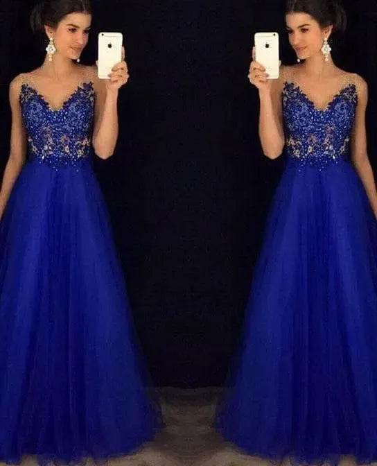 Dress Backless Beaded Ball Elegant Long Dress Blue Chiffon-4