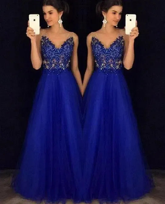 Dress Backless Beaded Ball Elegant Long Dress Blue Chiffon-5