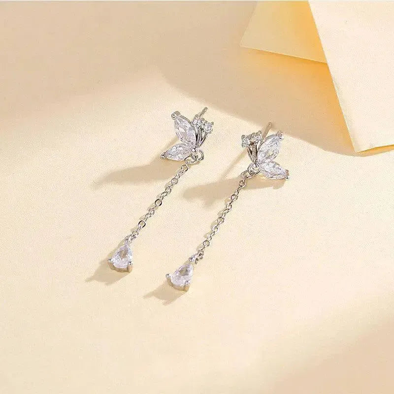 S925 Butterfly Zircon Tassel Earrings Women's Niche Exquisite Long Earrings Jewelry-4