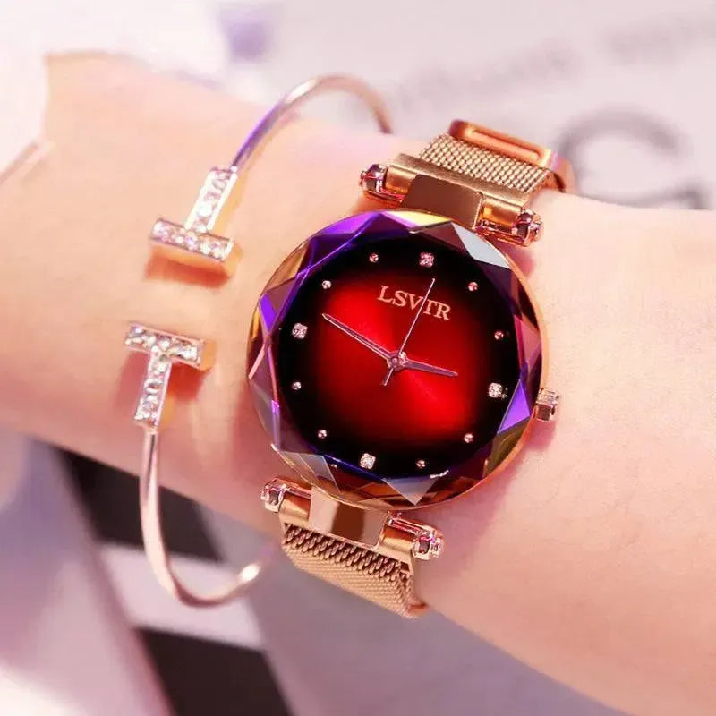 Rose Gold Women Watches Fashion Diamond Ladies Starry Sky Magnet Watch Waterproof Female Wristwatch-1