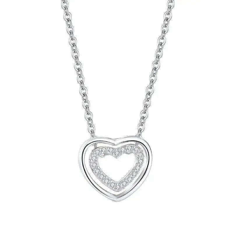 S925 Sterling Silver Heart To Heart Pendant Necklace-White Gold Color-5