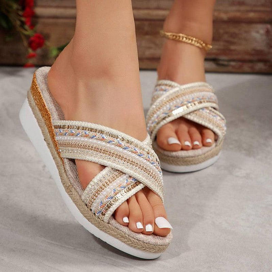 Ethnic Linen Wedge Sandals-1