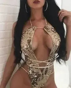 European And American Sequined Ladies One-piece Halter-Golden-4